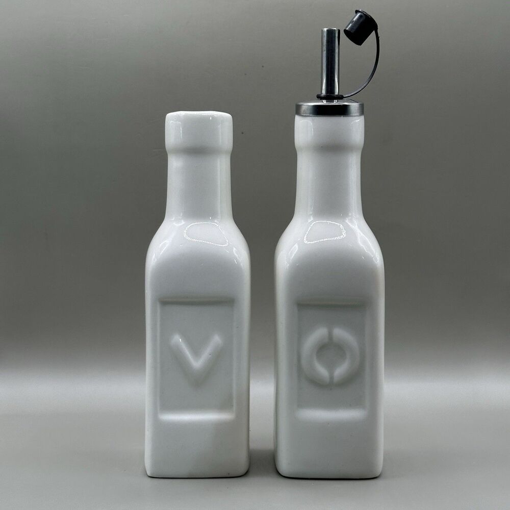CALIFORNIA PANTRY Ceramic Oil & Vinegar Dispenser Set White O V Farmhouse Kitche
